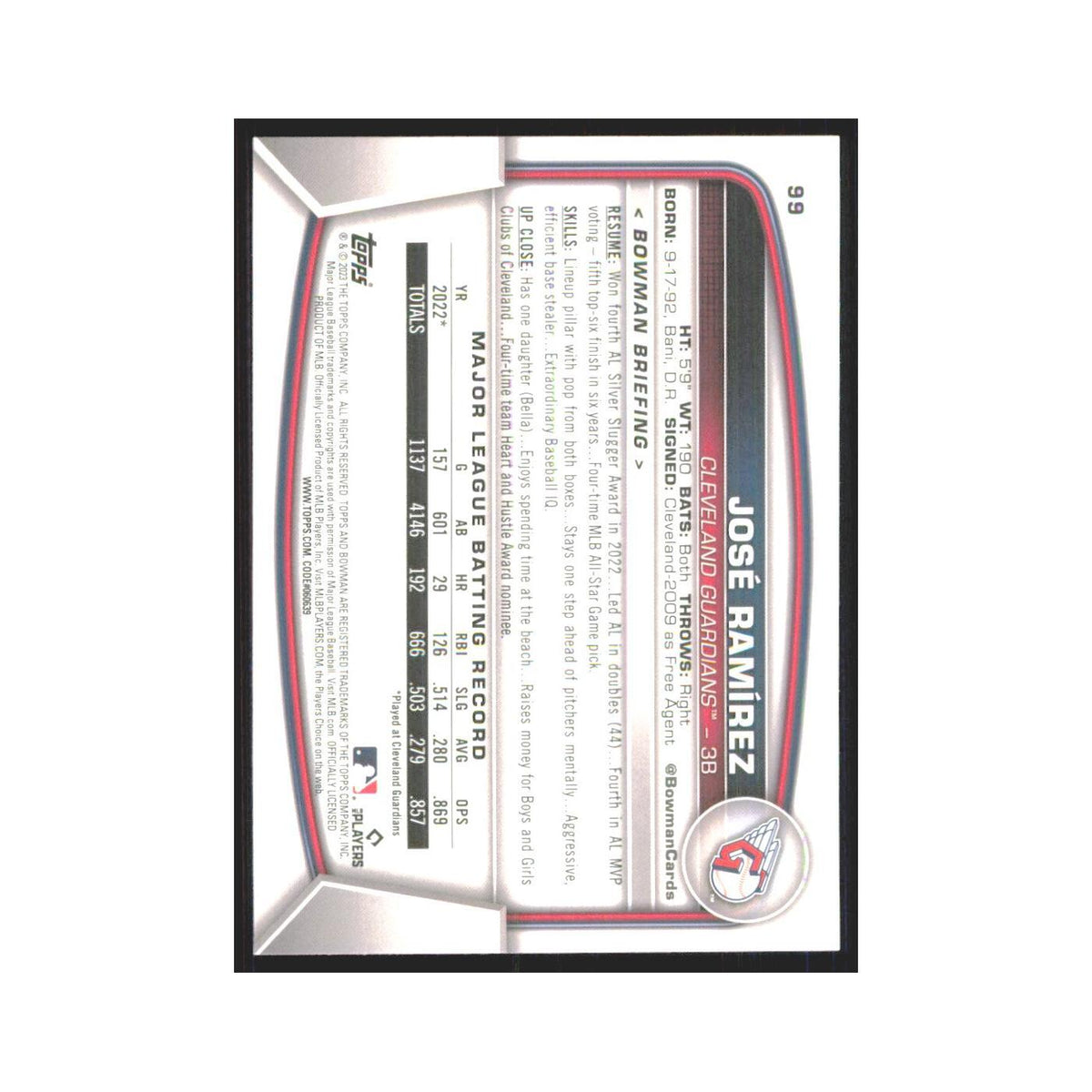 Jose Ramirez 2023 Bowman #99 Cleveland Guardians Baseball Card NM