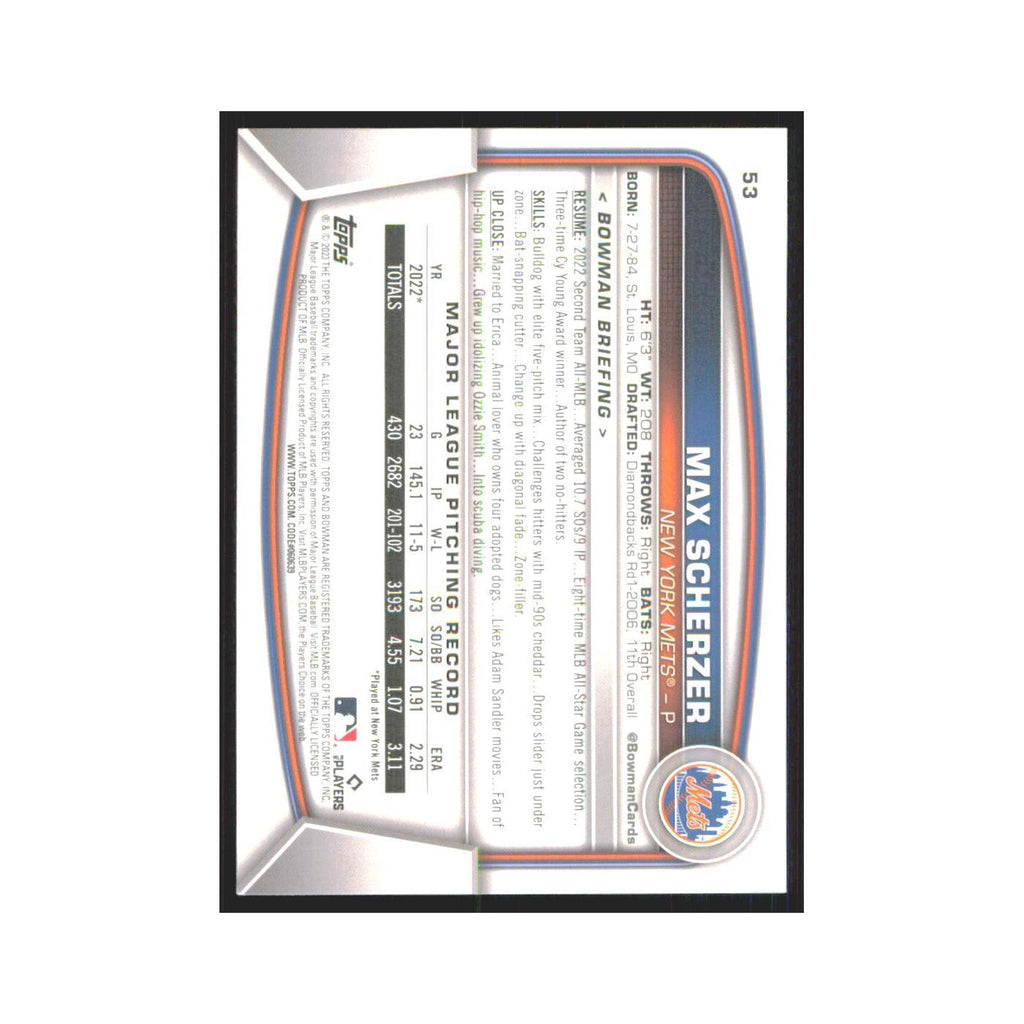 Max Scherzer 2023 Bowman #53 New York Mets Baseball Card NM