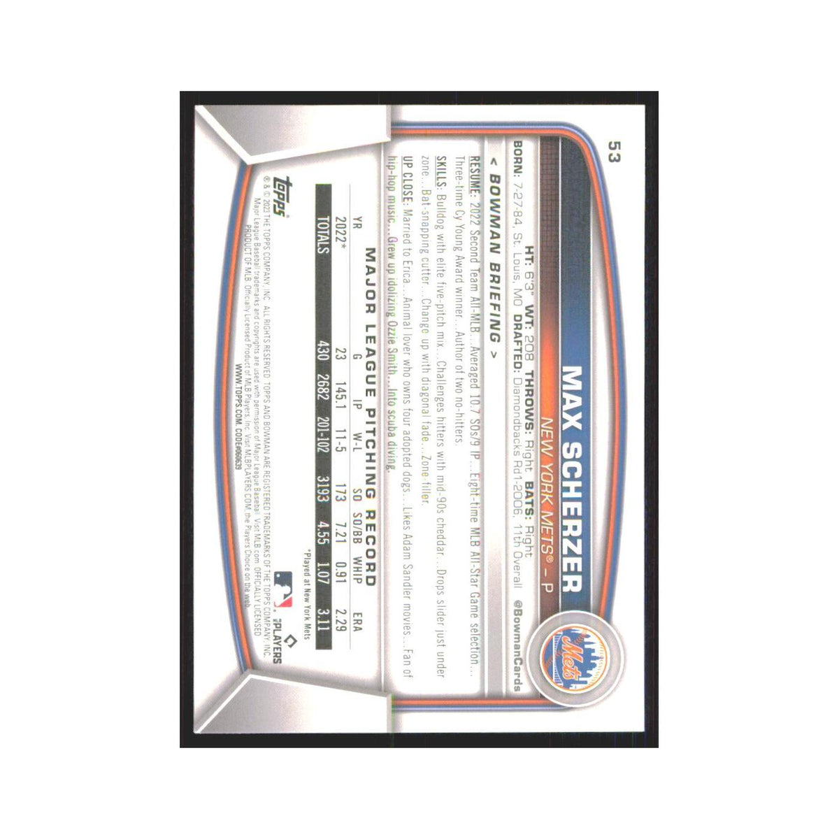 Max Scherzer 2023 Bowman #53 New York Mets Baseball Card NM