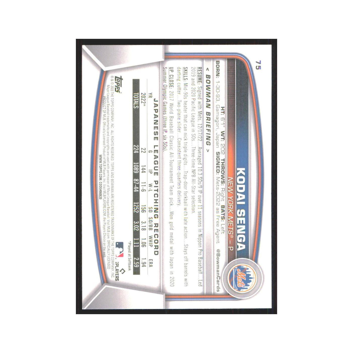 Kodai Senga Rookie 2023 Bowman #75 New York Mets Baseball Card NM