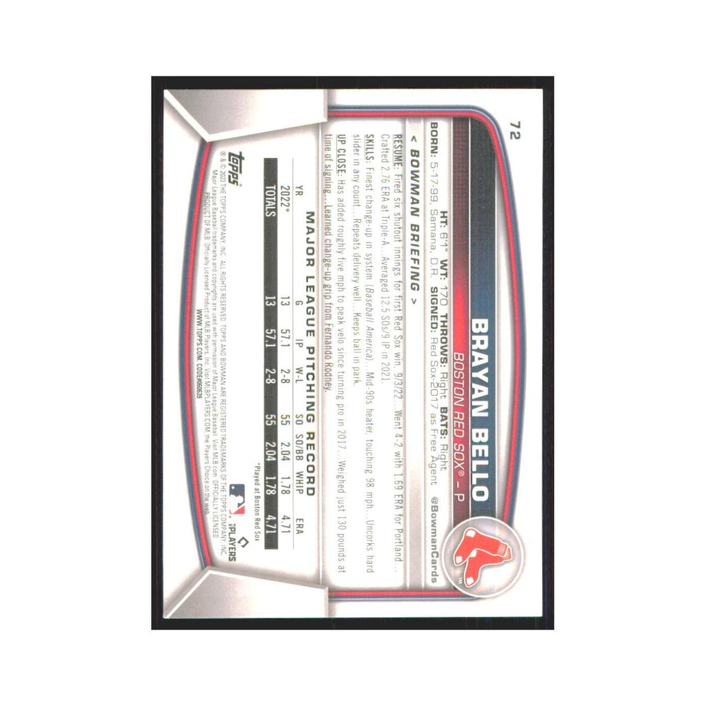Brayan Bello Rookie 2023 Bowman #72 Boston Red Sox Baseball Card NM