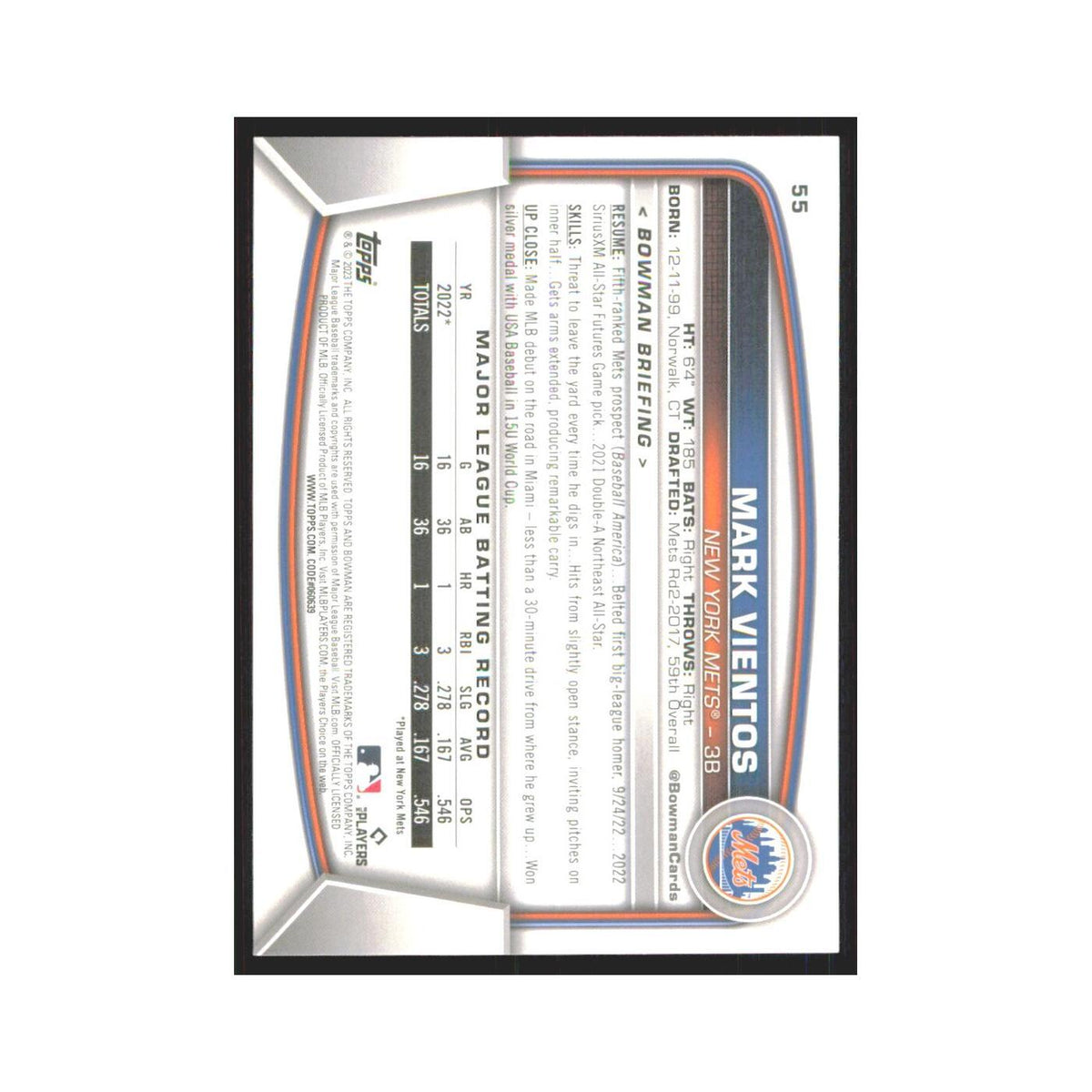 Mark Vientos Rookie 2023 Bowman #55 New York Mets Baseball Card NM