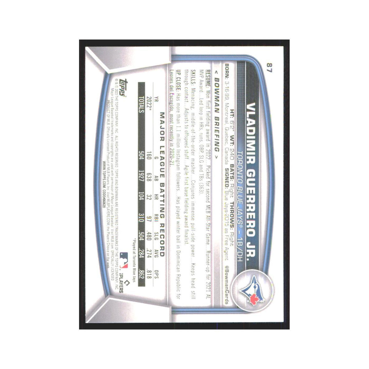 Vladimir Guerrero Jr. 2023 Bowman #87 Toronto Blue Jays Baseball Card NM