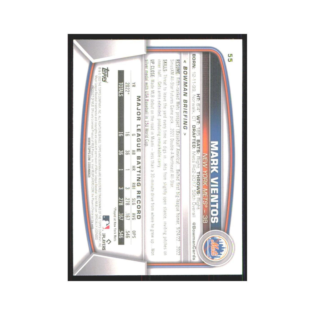 Mark Vientos Rookie 2023 Bowman #55 New York Mets Baseball Card NM