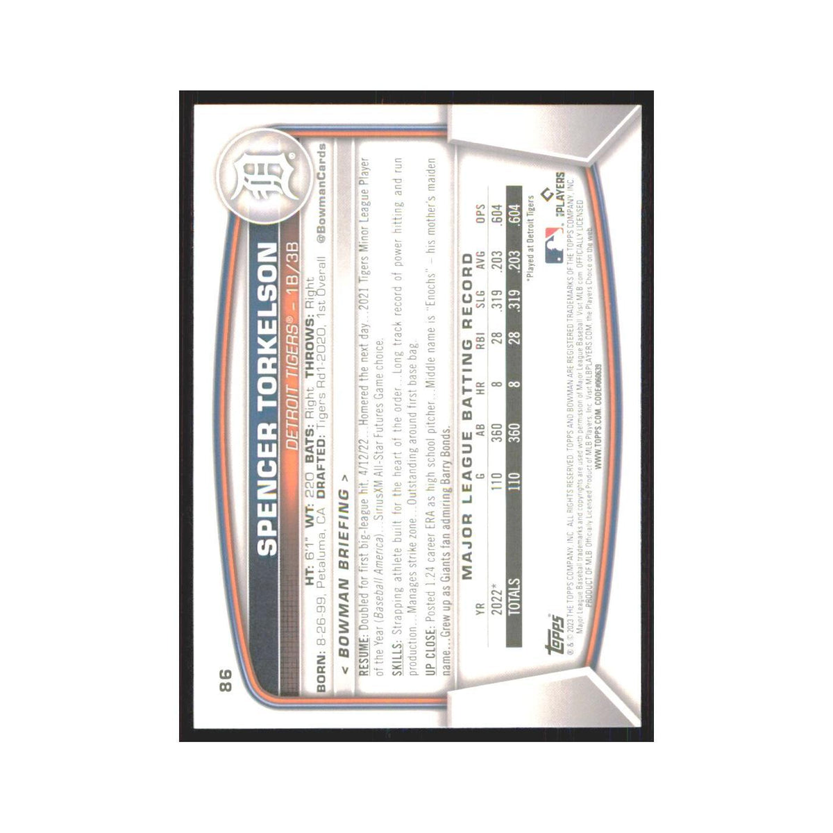 Spencer Torkelson 2023 Bowman #86 Detroit Tigers Baseball Card NM