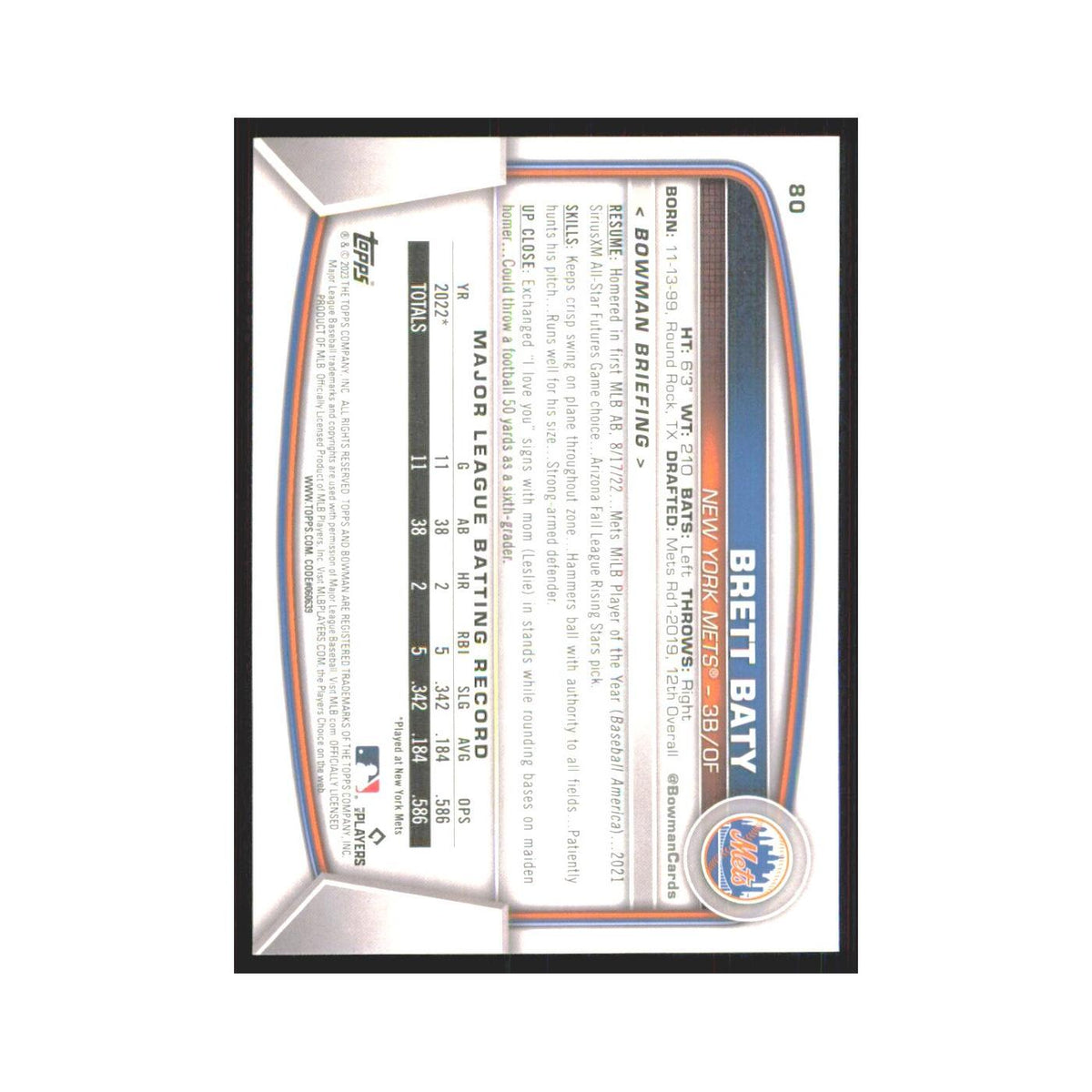 Brett Baty Rookie 2023 Bowman #80 New York Mets Baseball Card NM