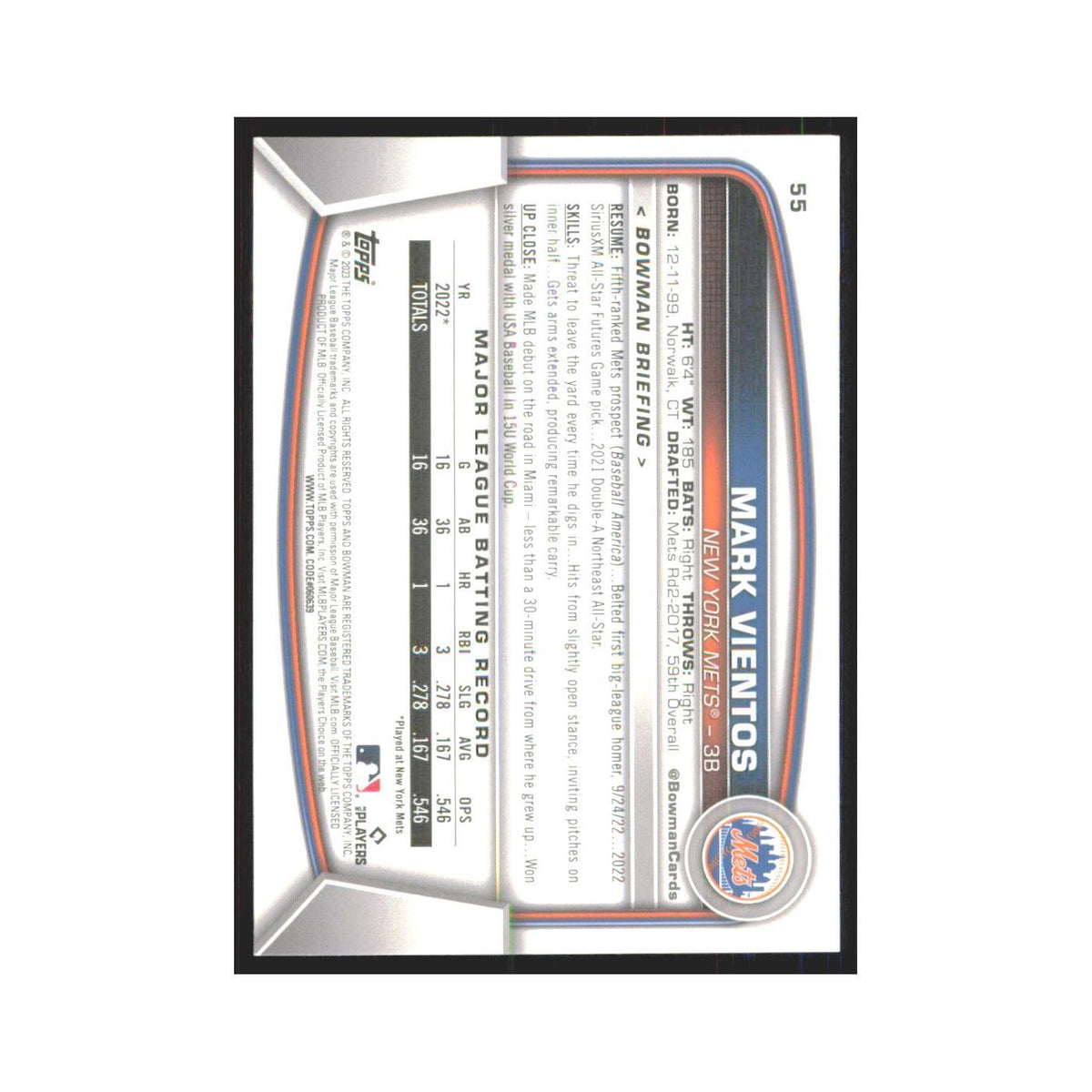 Mark Vientos Rookie 2023 Bowman #55 New York Mets Baseball Card NM