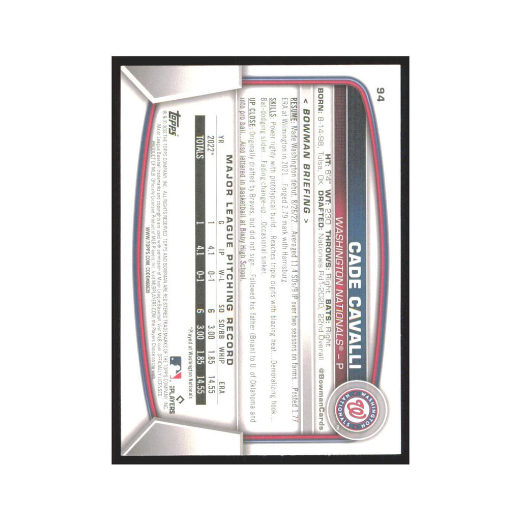 Cade Cavalli Rookie 2023 Bowman #94 Washington Nationals Baseball Card NM