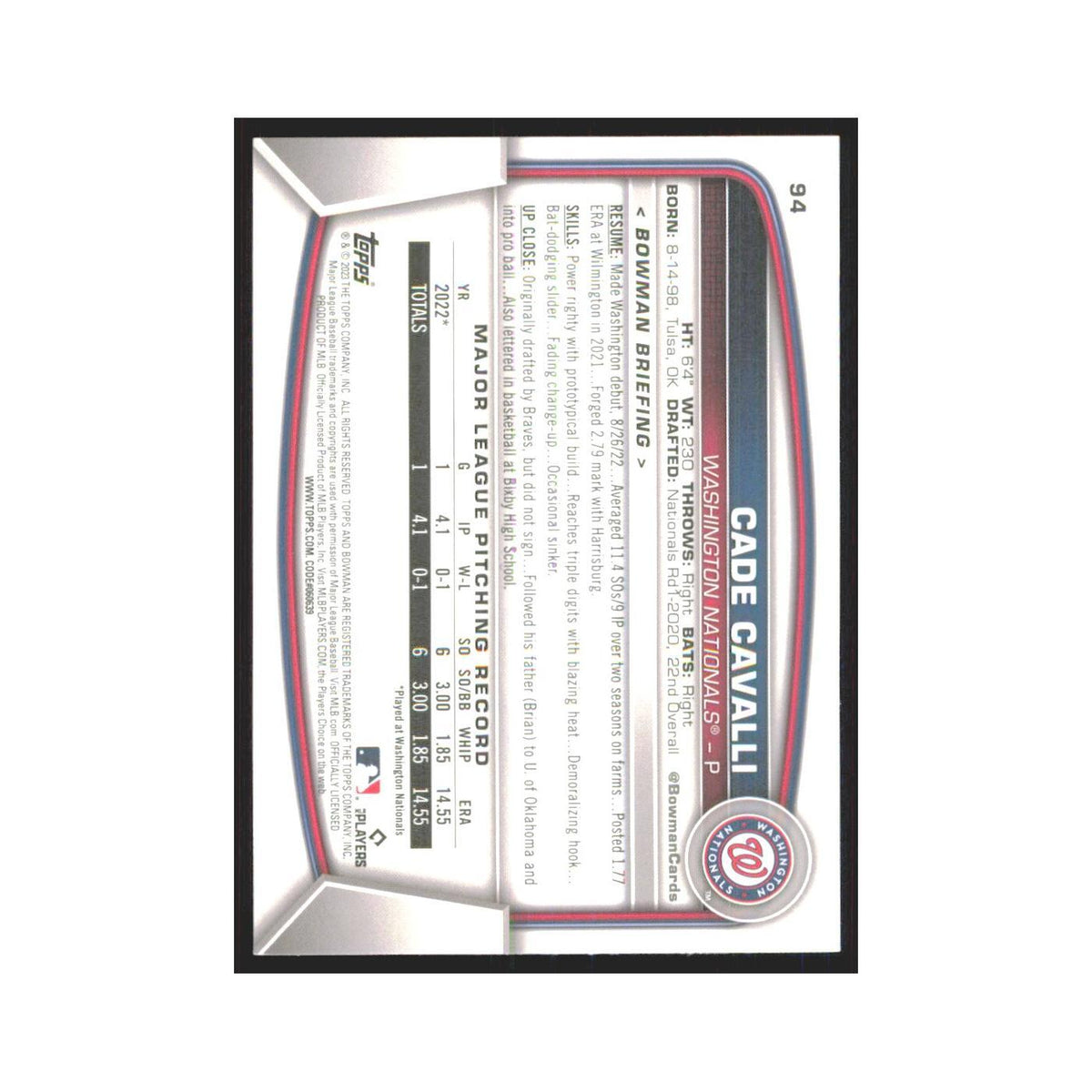 Cade Cavalli Rookie 2023 Bowman #94 Washington Nationals Baseball Card NM