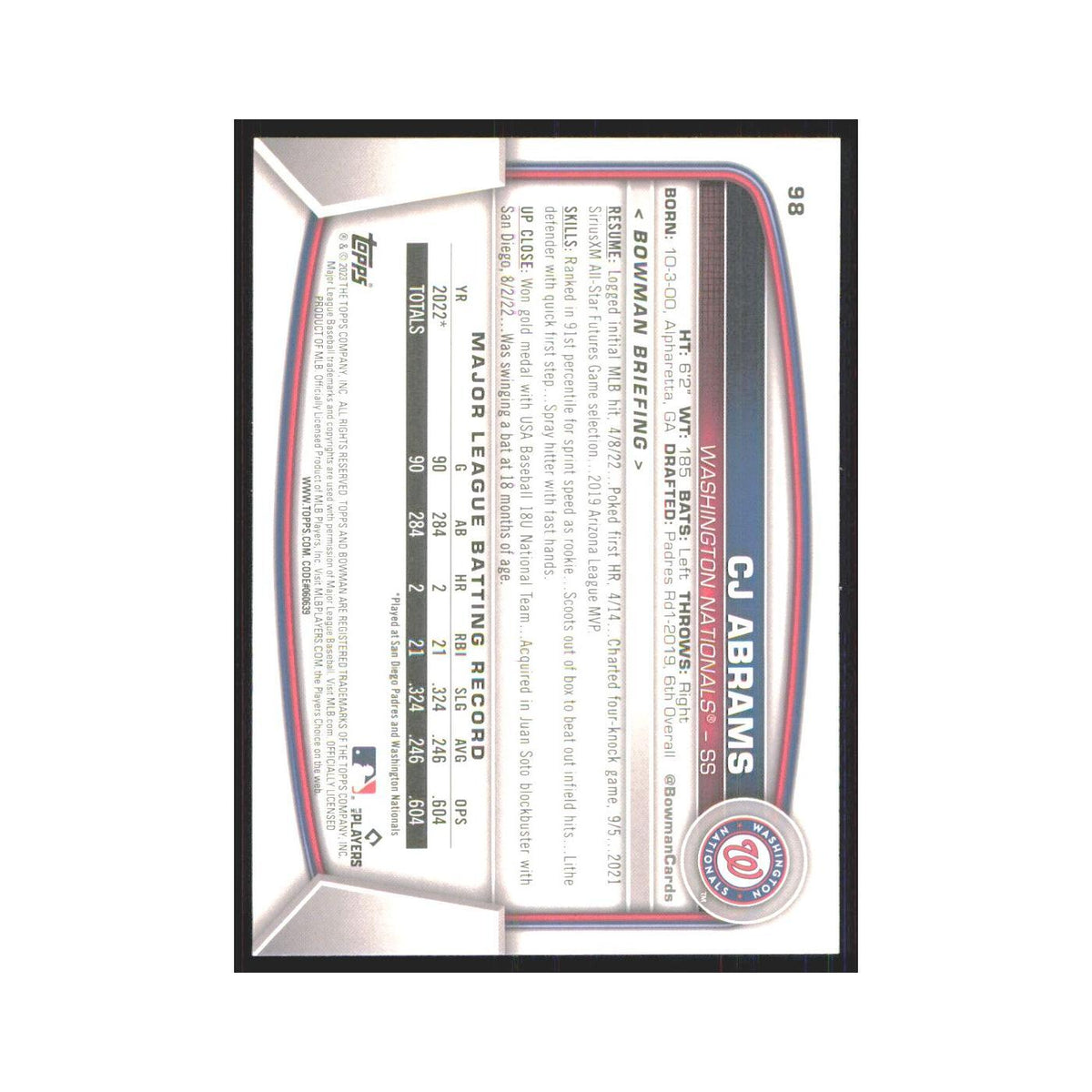 CJ Abrams 2023 Bowman #98 Washington Nationals Baseball Card NM