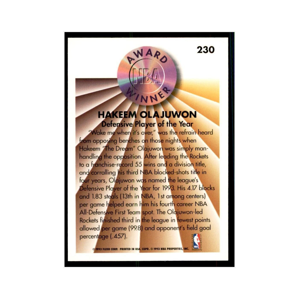 1993 Fleer Hakeem Olajuwon Basketball Cards #230