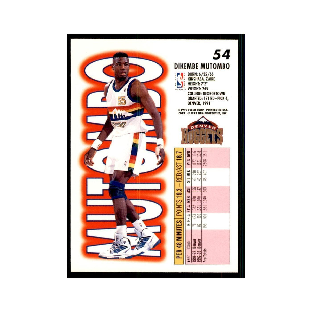 1993 Fleer Dikembe Mutombo Basketball Cards #54