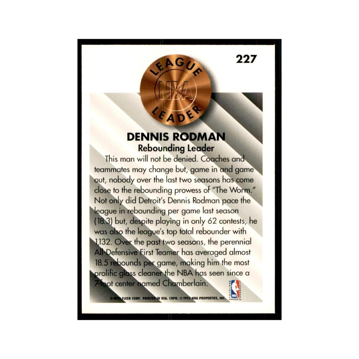 1993 Fleer Dennis Rodman Basketball Cards #227