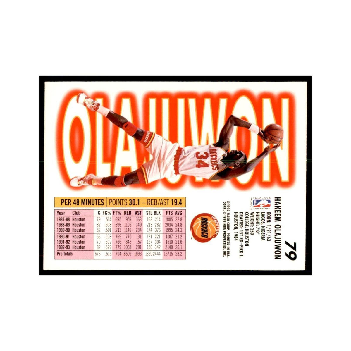 1993 Fleer Hakeem Olajuwon Basketball Cards #79