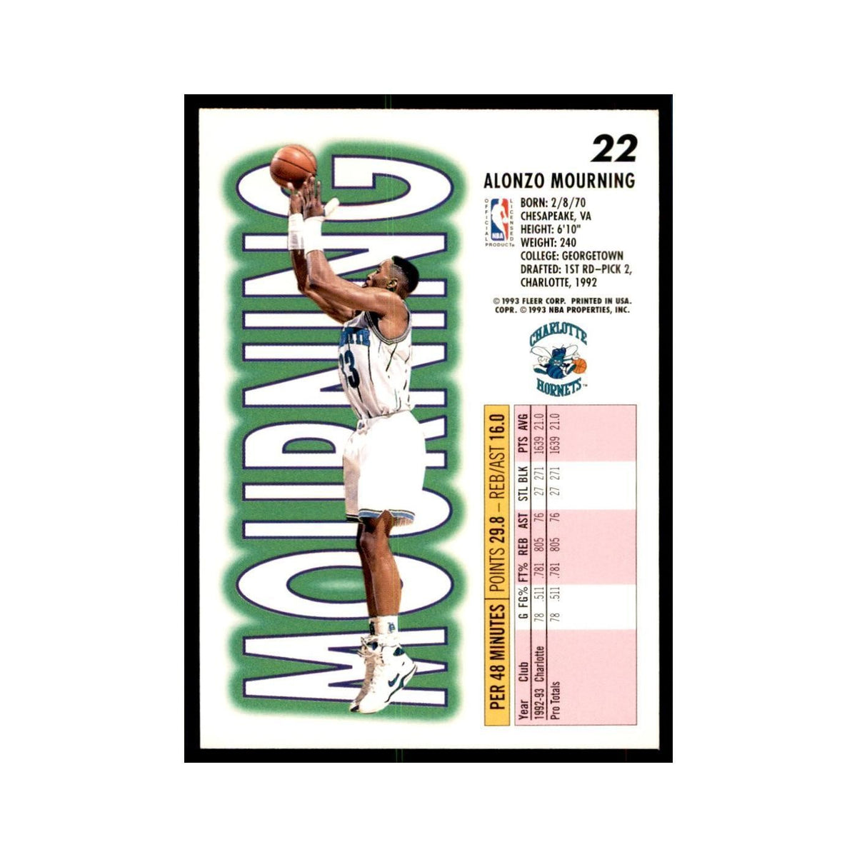1993 Fleer Alonzo Mourning Basketball Cards #22