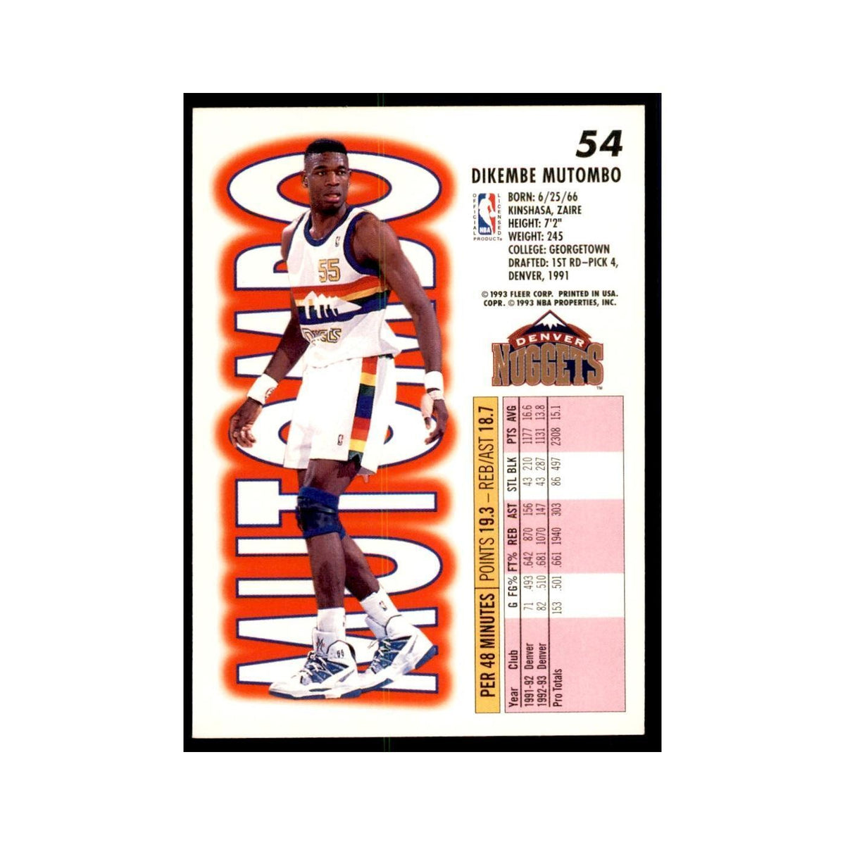 1993 Fleer Dikembe Mutombo Basketball Cards #54