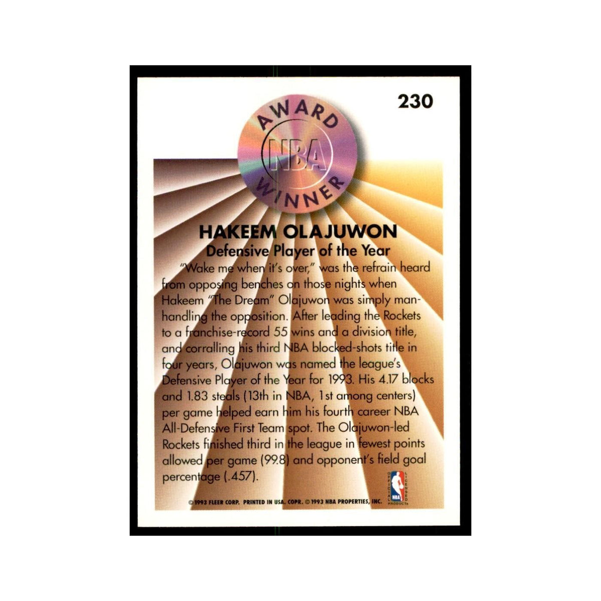 1993 Fleer Hakeem Olajuwon Basketball Cards #230