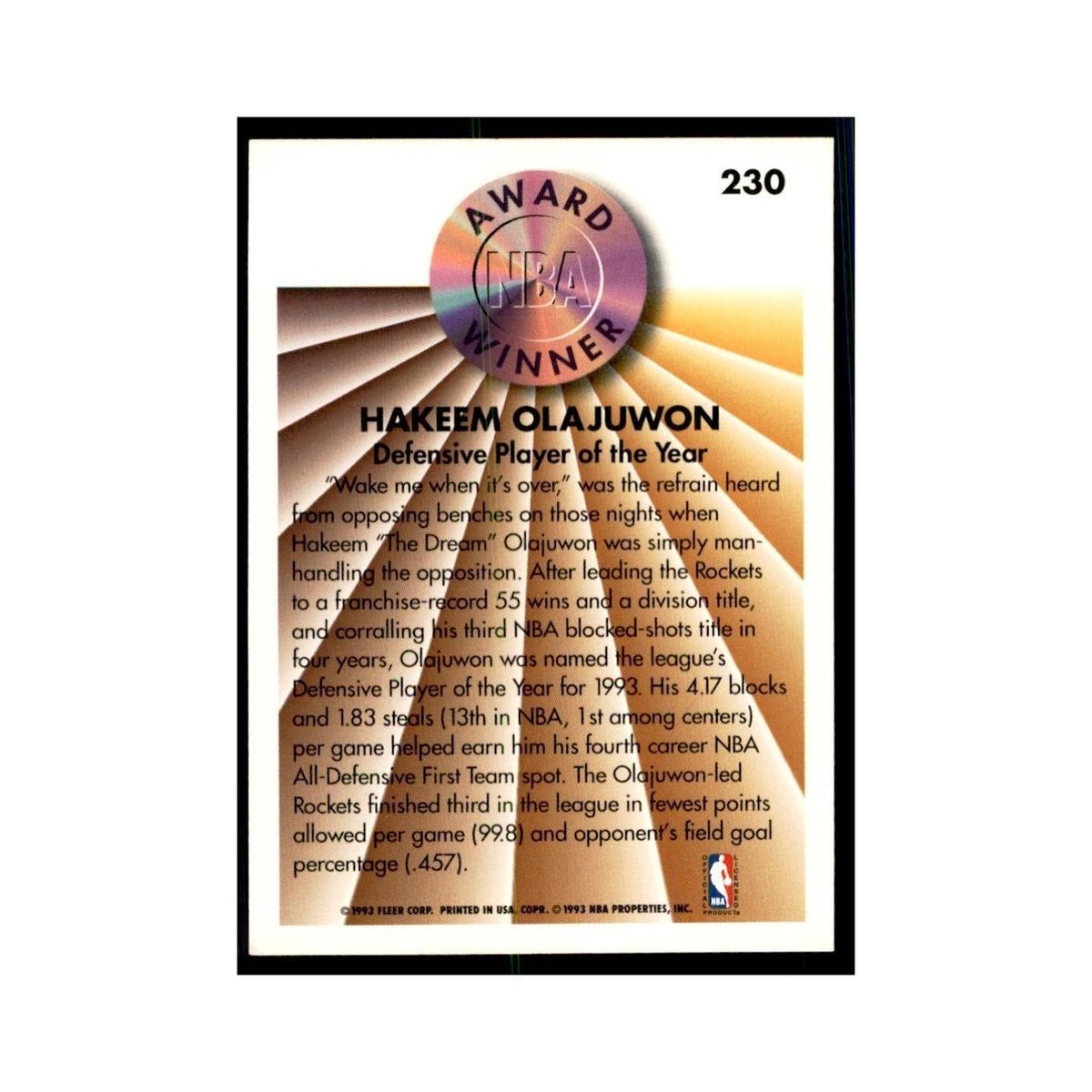 1993 Fleer Hakeem Olajuwon Basketball Cards #230