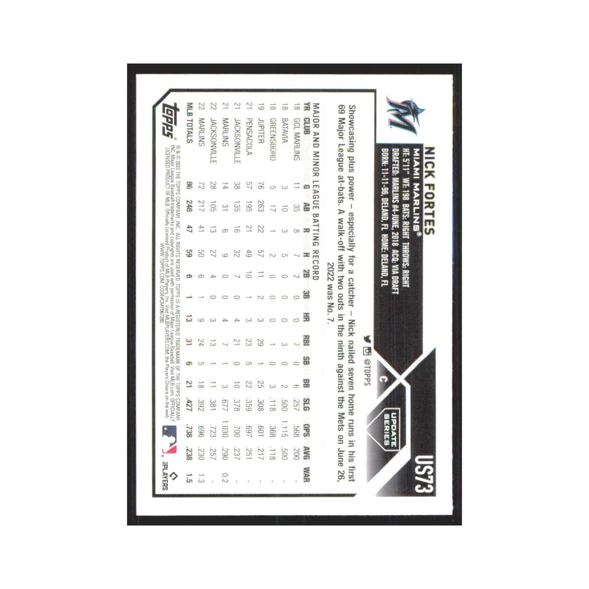 Nick Fortes 2023 Topps Update #US73 Miami Marlins Baseball Card NM