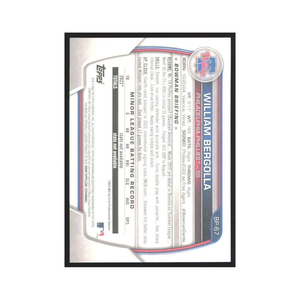 William Bergolla 2023 Bowman Prospects #BP-67 Philadelphia Phillies NM