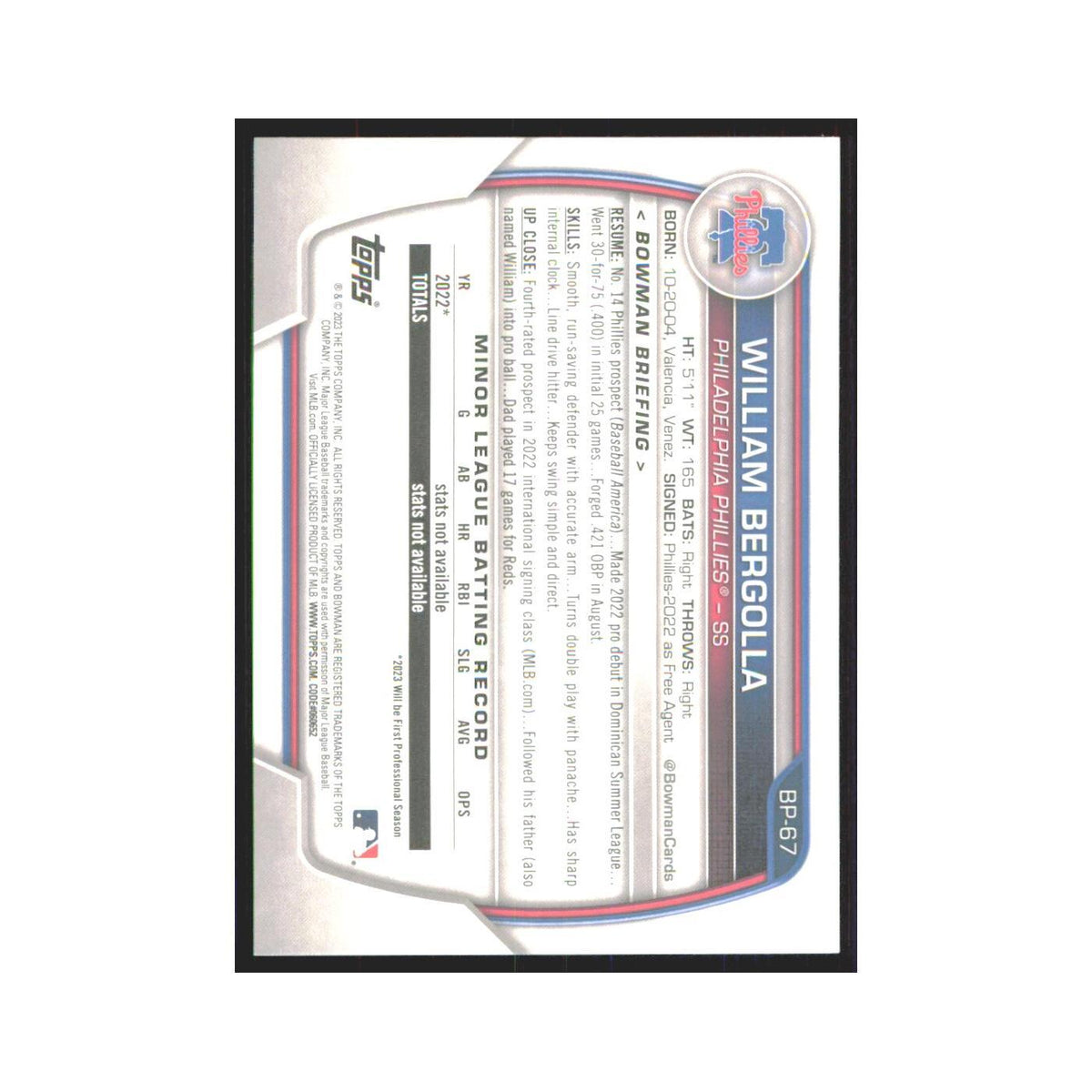 William Bergolla 2023 Bowman Prospects #BP-67 Philadelphia Phillies NM