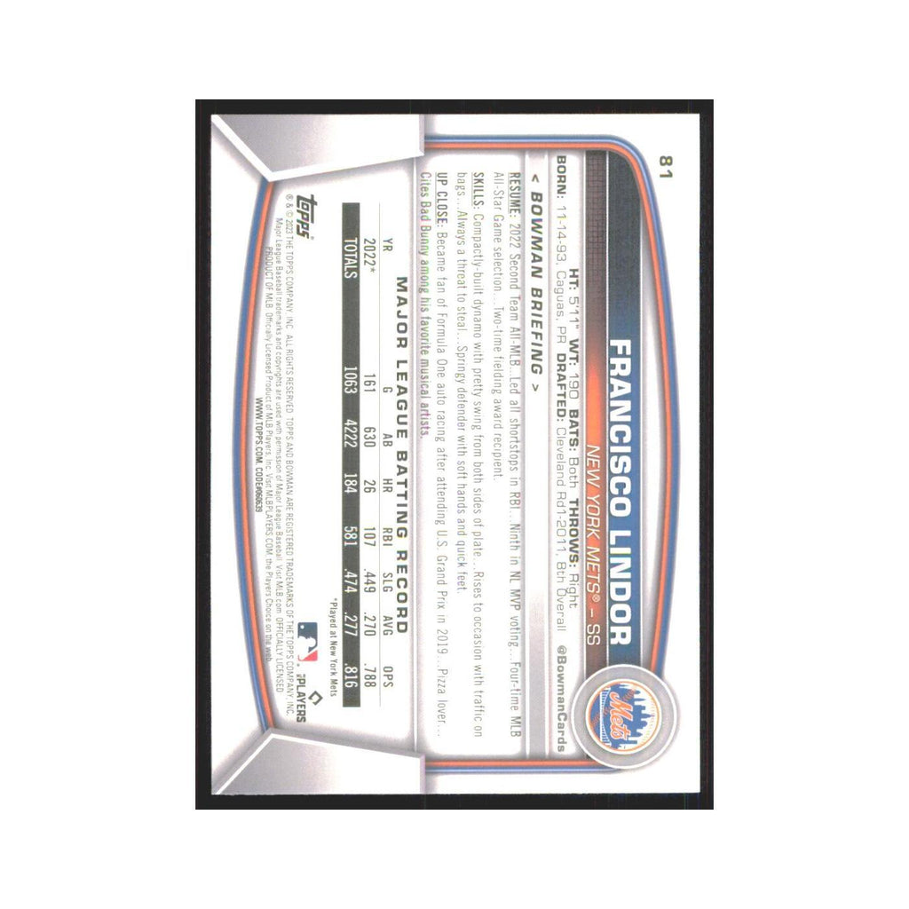 Francisco Lindor 2023 Bowman #81 New York Mets Baseball Card NM