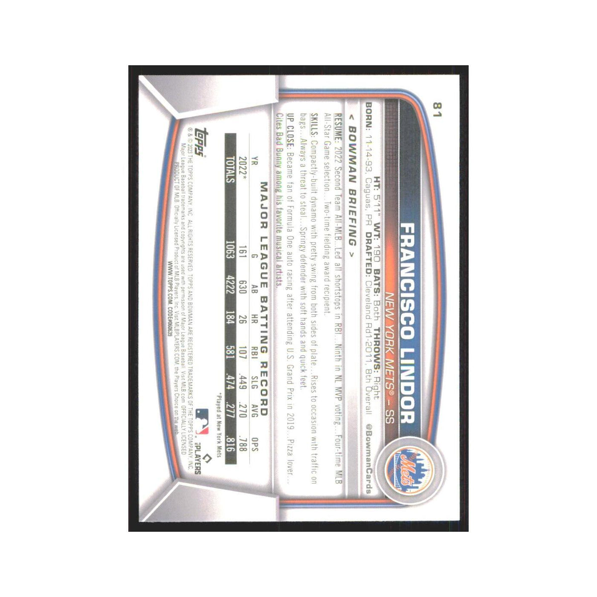 Francisco Lindor 2023 Bowman #81 New York Mets Baseball Card NM