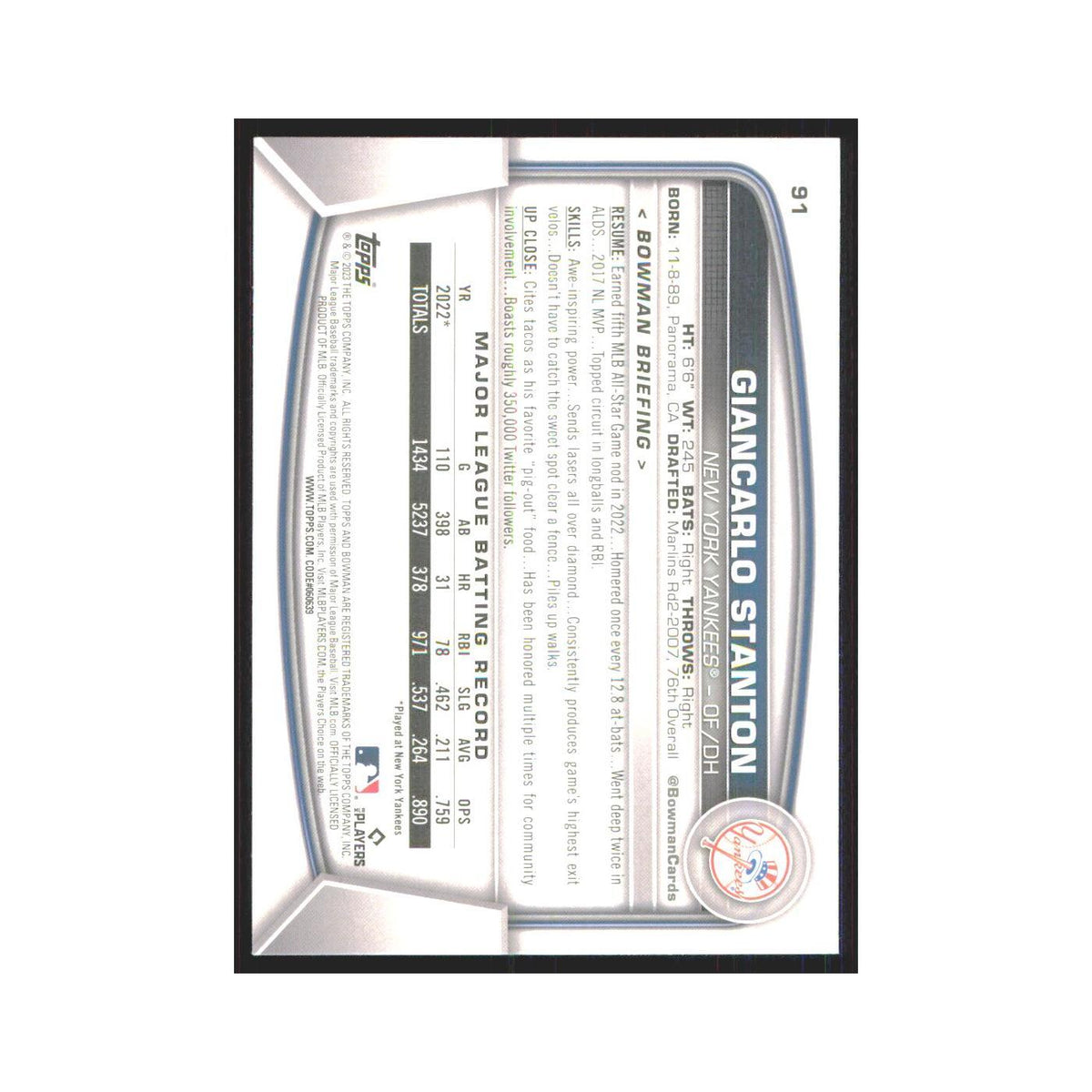 Giancarlo Stanton 2023 Bowman #91 New York Yankees Baseball Card NM