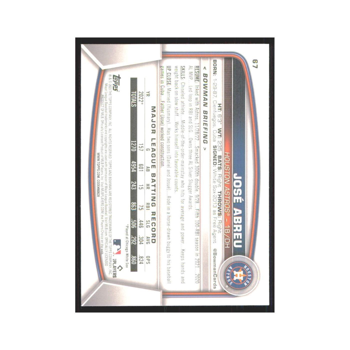Jose Abreu 2023 Bowman #67 Houston Astros Baseball Card NM