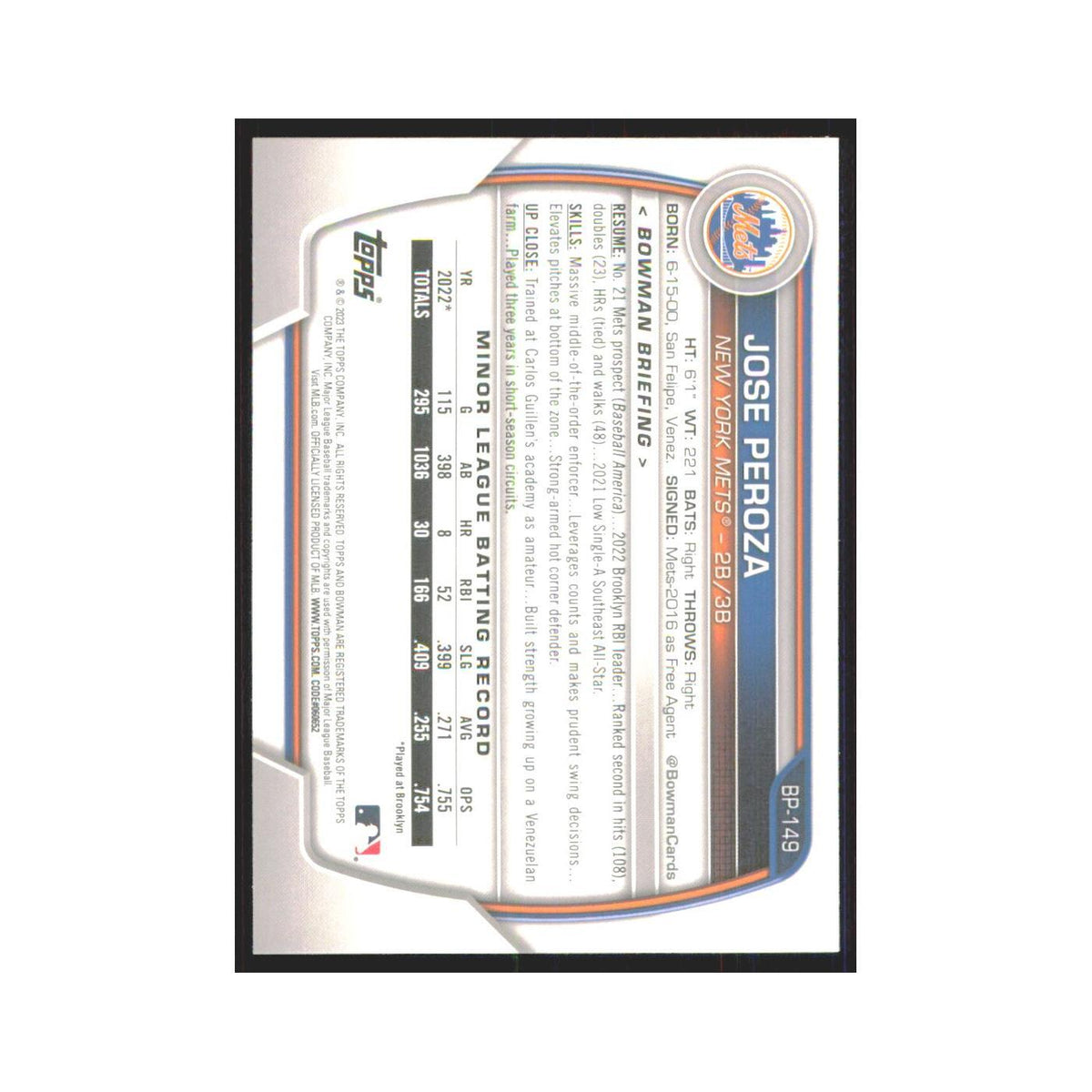 Jose Peroza 2023 Bowman Prospects #BP-149 New York Mets Baseball Card NM