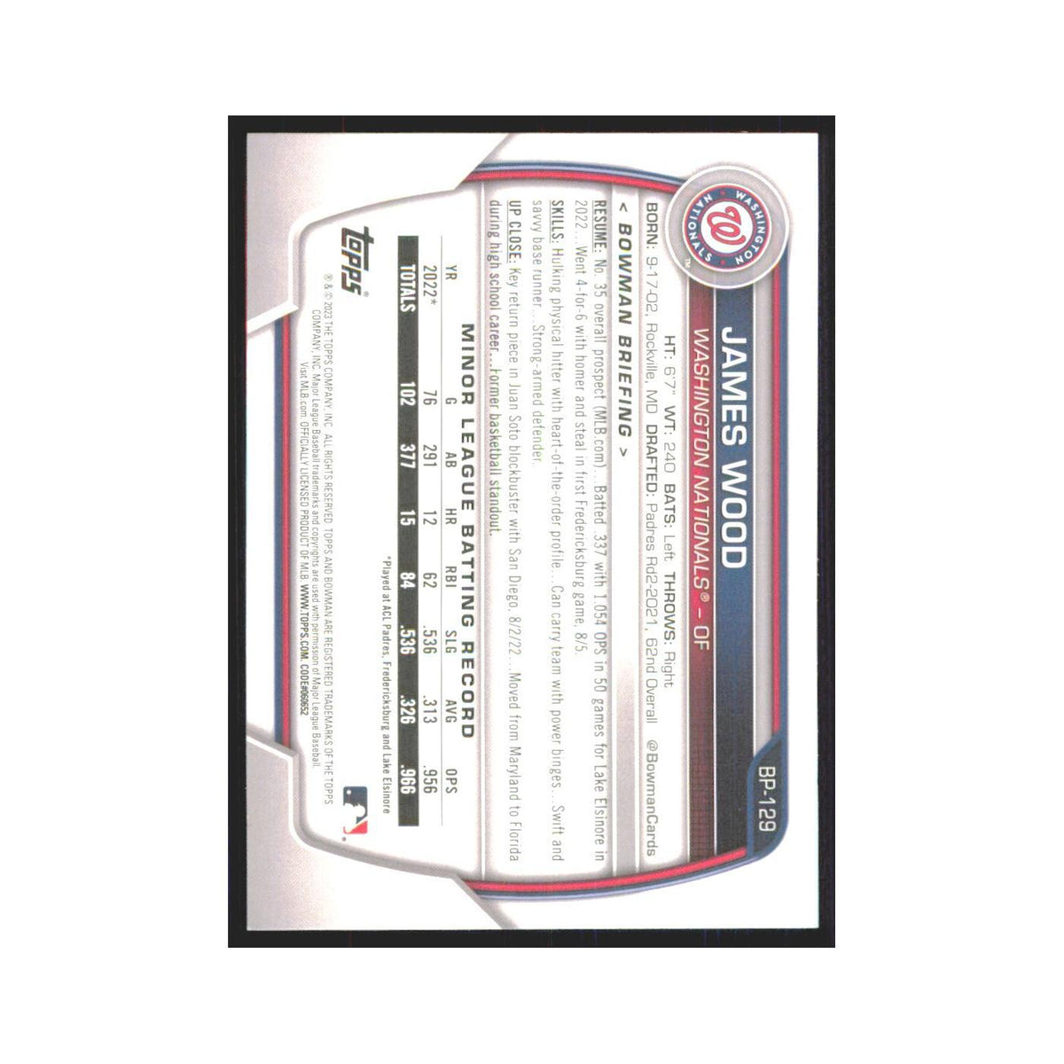 James Wood 2023 Bowman Prospects #BP-129 Washington Nationals Baseball Card NM