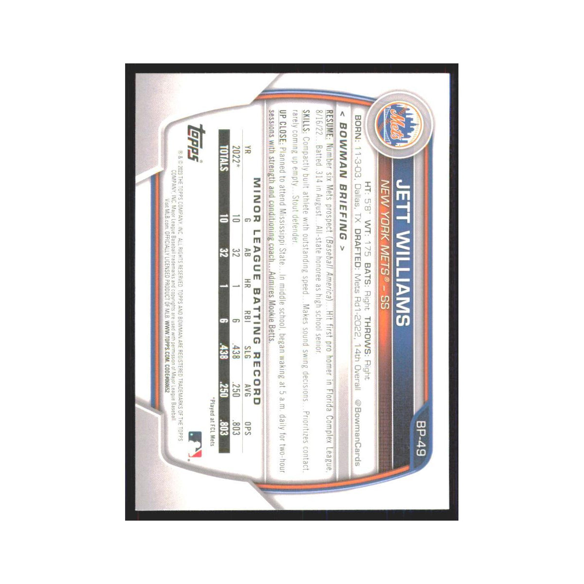 Jett Williams 2023 Bowman Prospects #BP-49 New York Mets Baseball Card NM