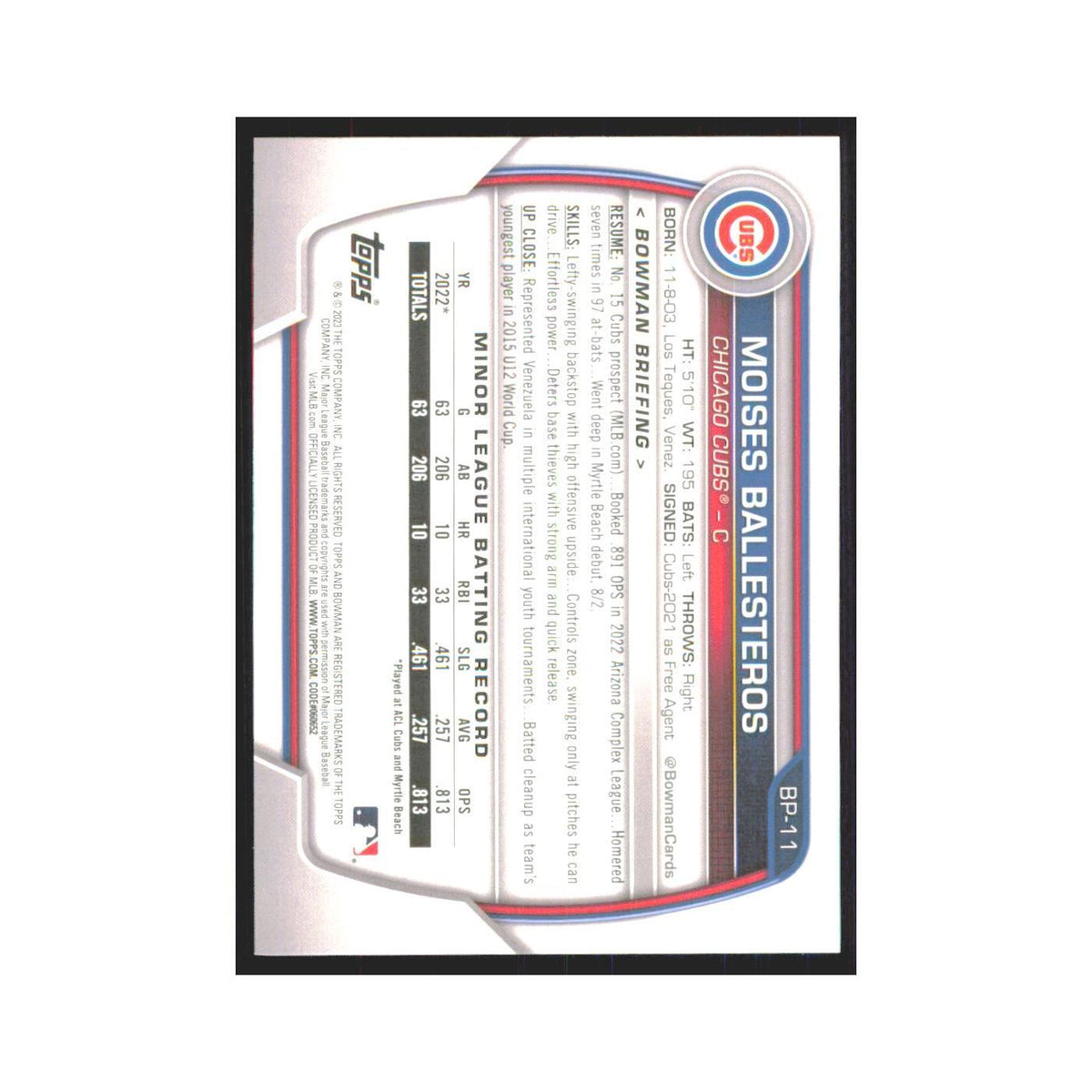 Moises Ballesteros 2023 Bowman Prospects #BP-11 Chicago Cubs Baseball Card NM