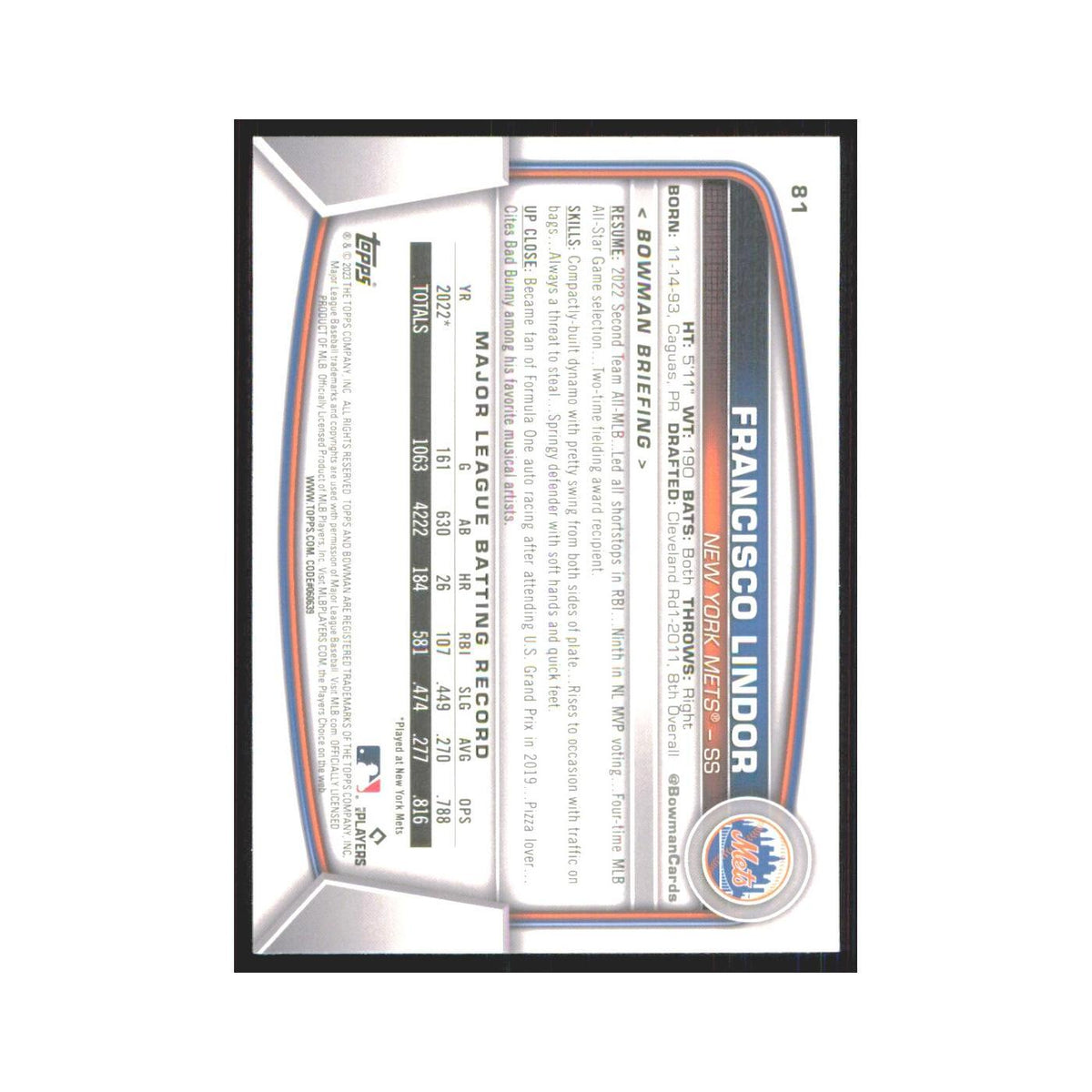 Francisco Lindor 2023 Bowman #81 New York Mets Baseball Card NM