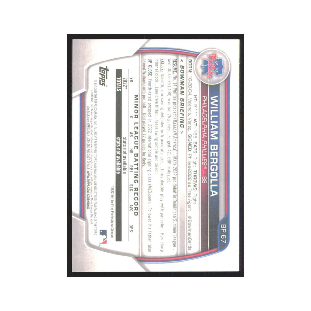 William Bergolla 2023 Bowman Prospects #BP-67 Philadelphia Phillies NM