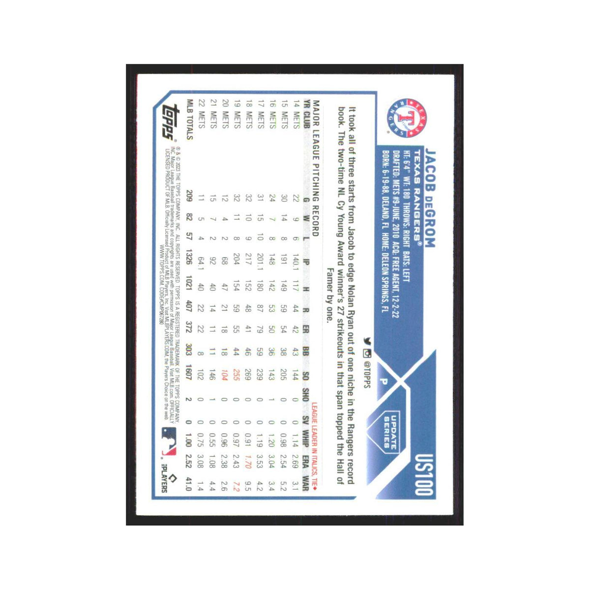 Jacob deGrom 2023 Topps Update #US100 Texas Rangers Baseball Card NM