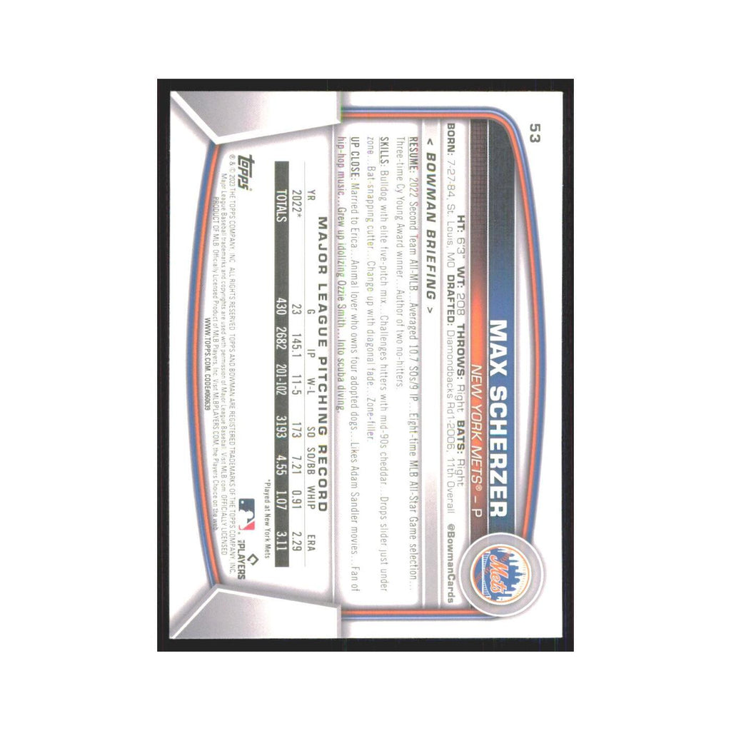 Max Scherzer 2023 Bowman #53 New York Mets Baseball Card NM