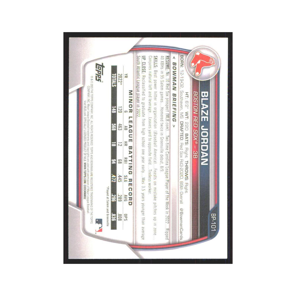 Blaze Jordan 2023 Bowman Prospects #BP-101 Boston Red Sox Baseball Card NM