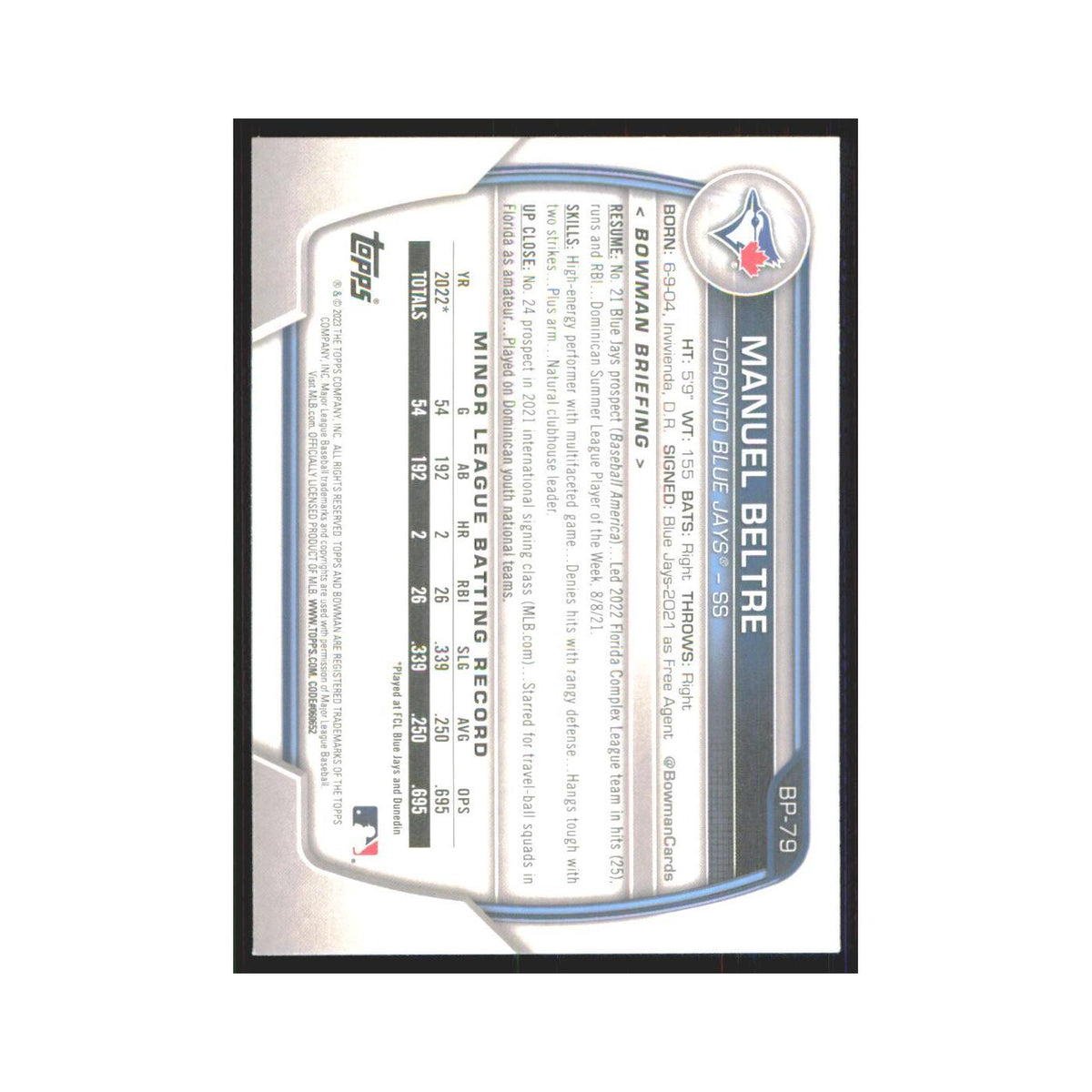 Manuel Beltre 2023 Bowman Prospects #BP-79 Toronto Blue Jays Baseball Card NM