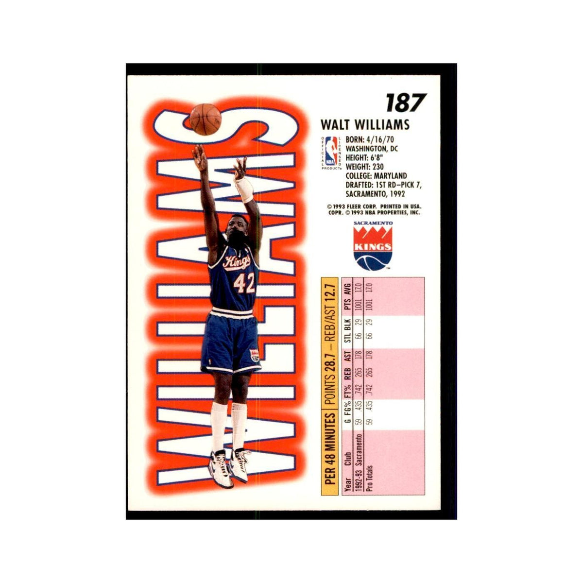 1993 Fleer Walt Williams Basketball Cards #187