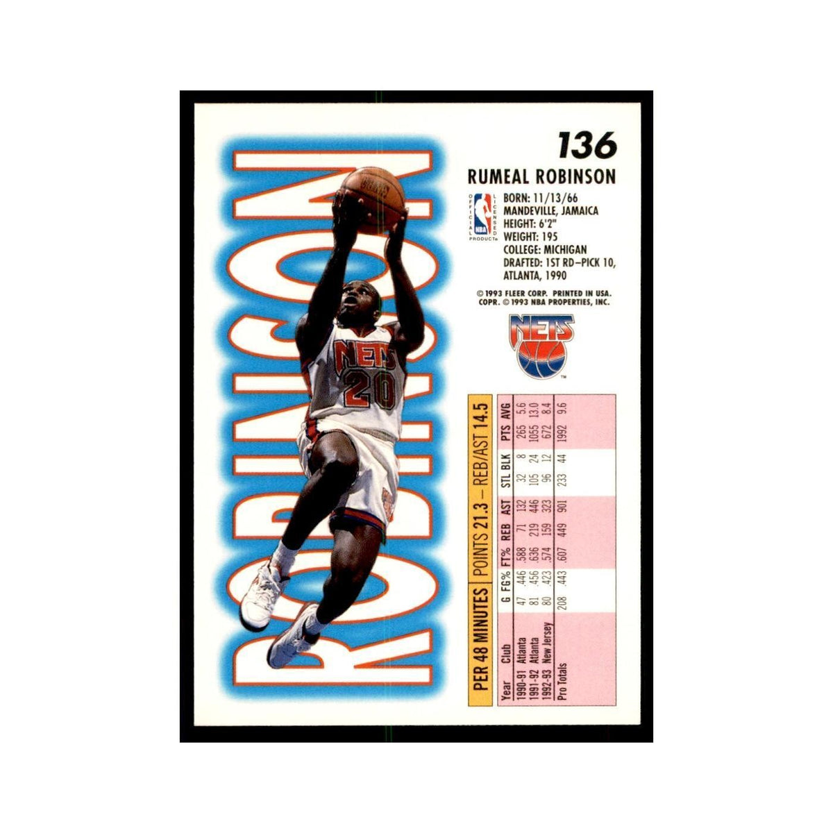1993 Fleer Rumeal Robinson Basketball Cards #136