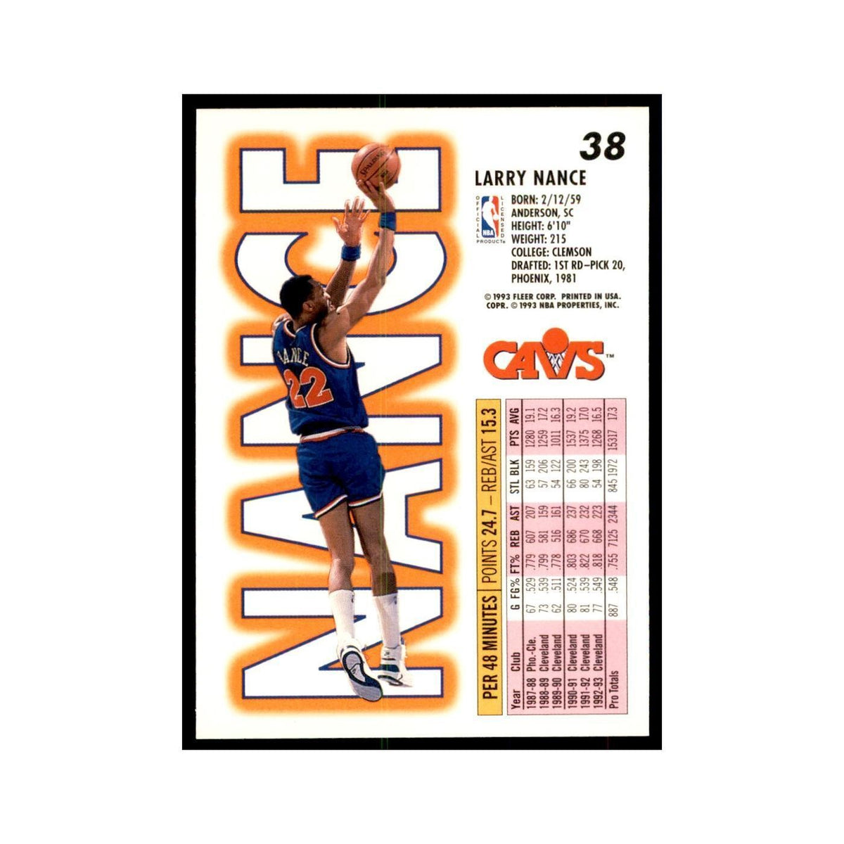 1993 Fleer Larry Nance Basketball Cards #38