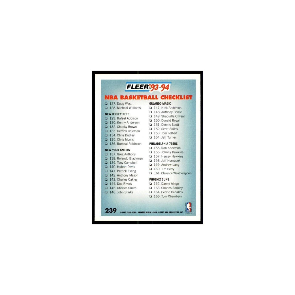 1993 Fleer Checklist Basketball Cards #239