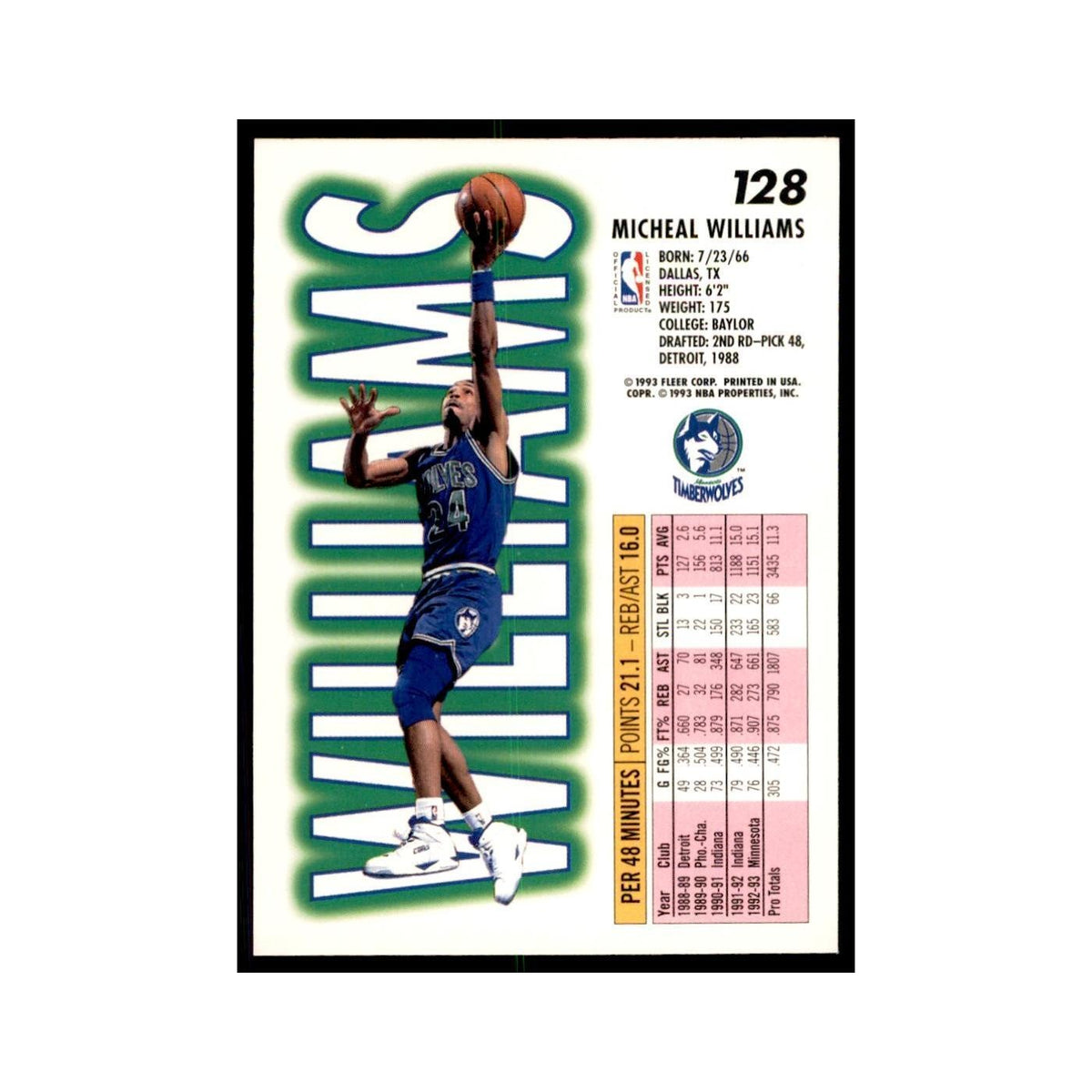 1993 Fleer Micheal Williams Basketball Cards #128