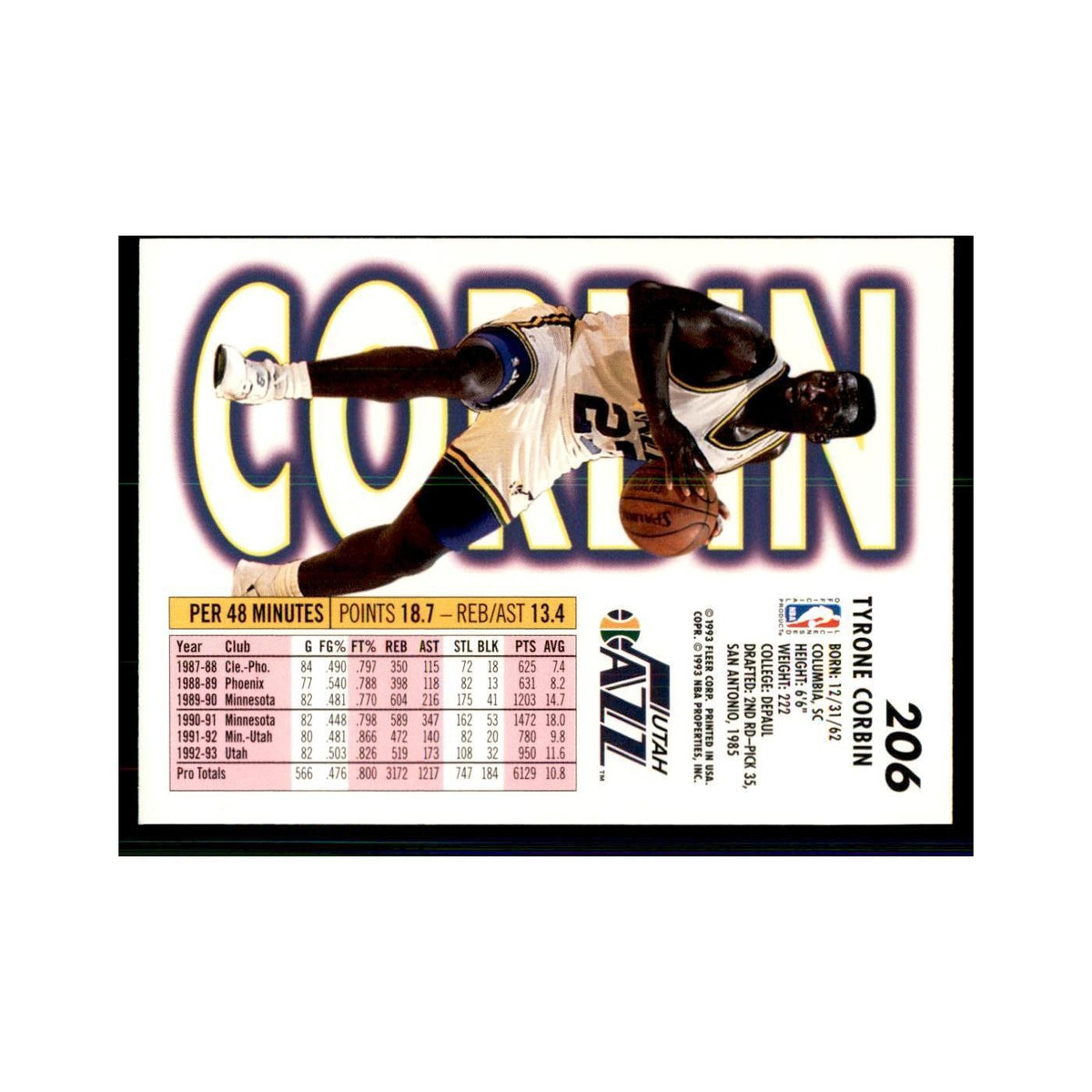 1993 Fleer Tyrone Corbin Basketball Cards #206