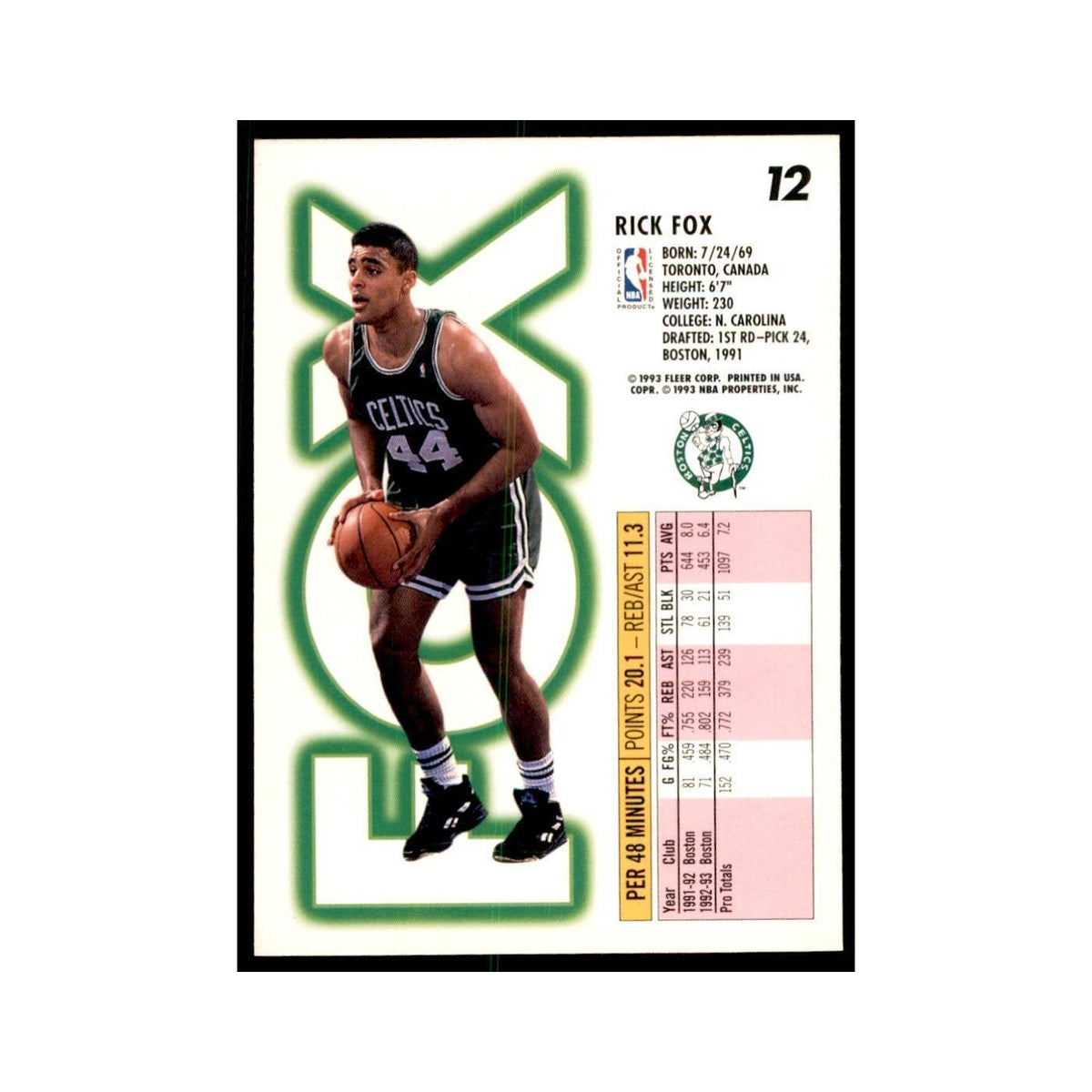 1993 Fleer Rick Fox Basketball Cards #12