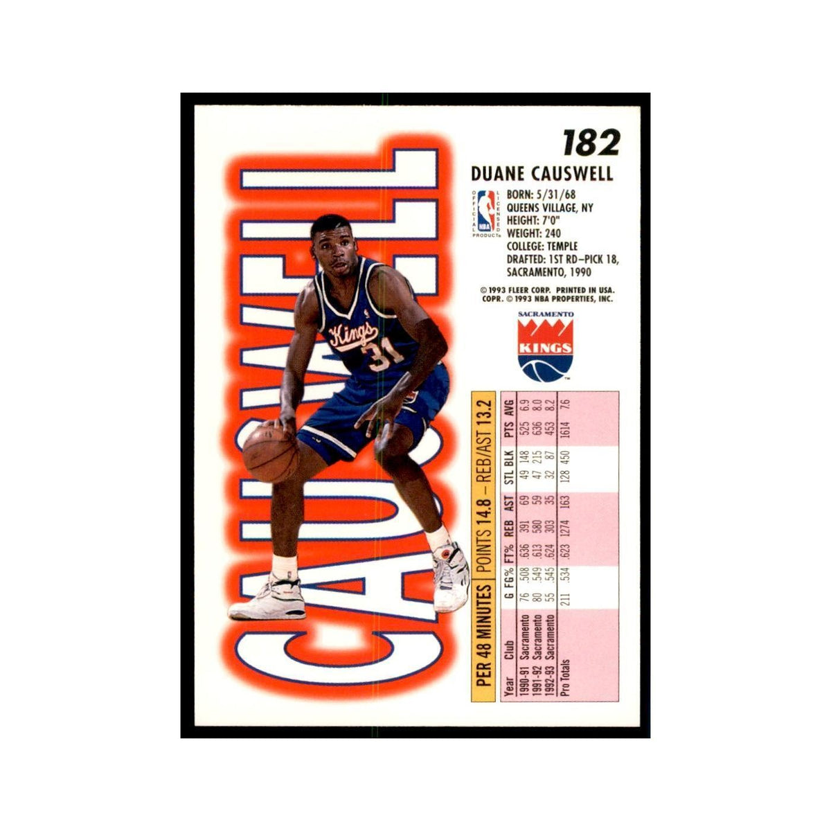 1993 Fleer Duane Causwell Basketball Cards #182