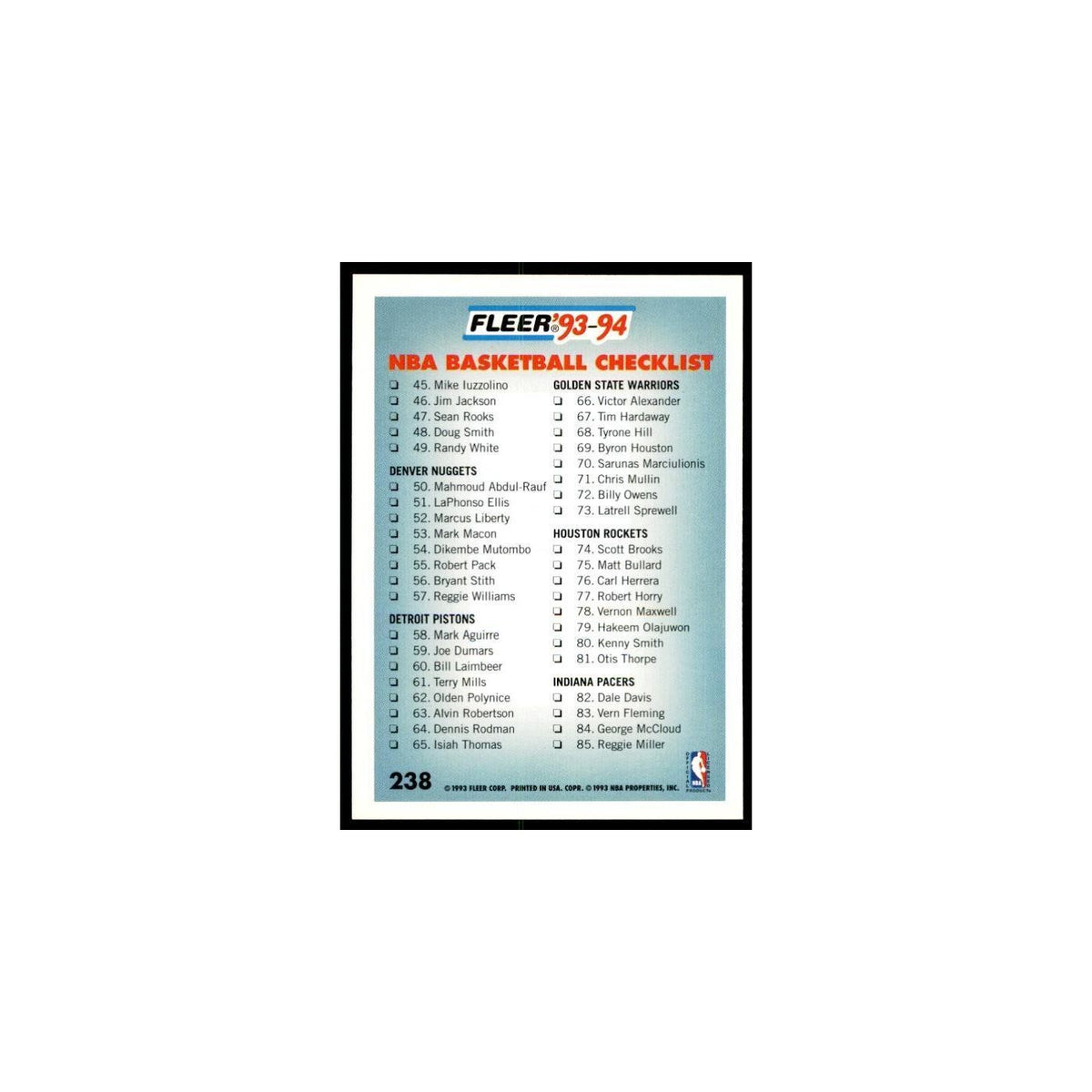 1993 Fleer Checklist Basketball Cards #238