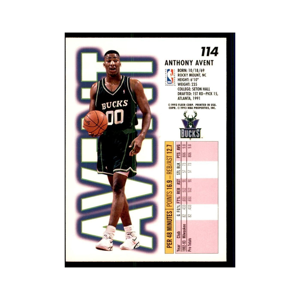 1993 Fleer Anthony Avent Basketball Cards #114