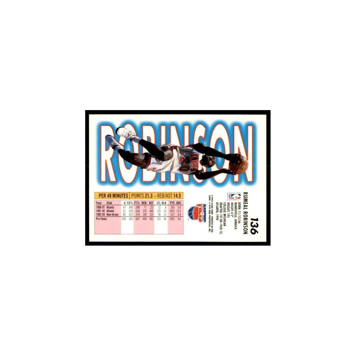 1993 Fleer Rumeal Robinson Basketball Cards #136